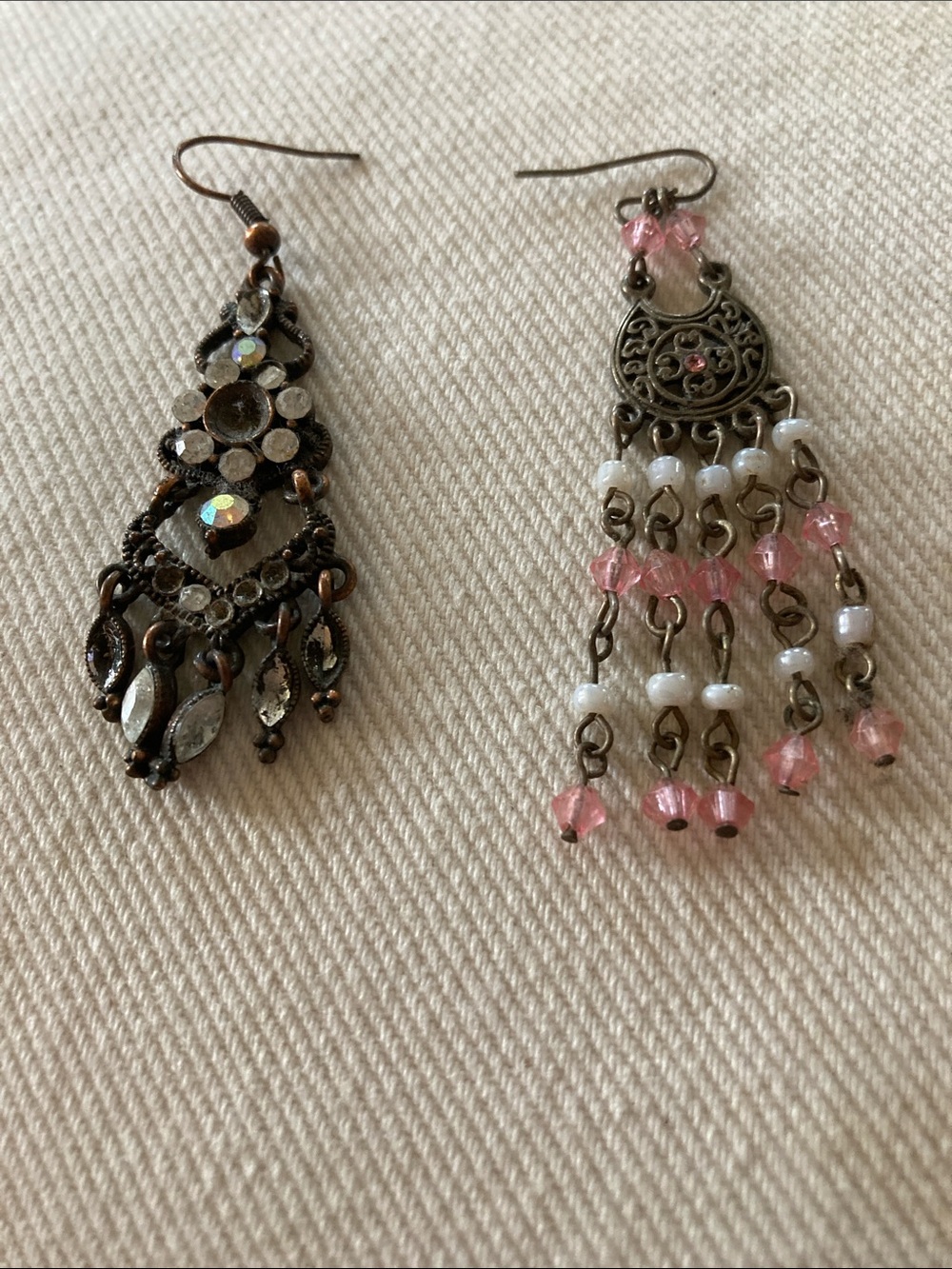 Vintage antiqued bronze tone White Beaded Dangle Earrings - Feminine Boho Style